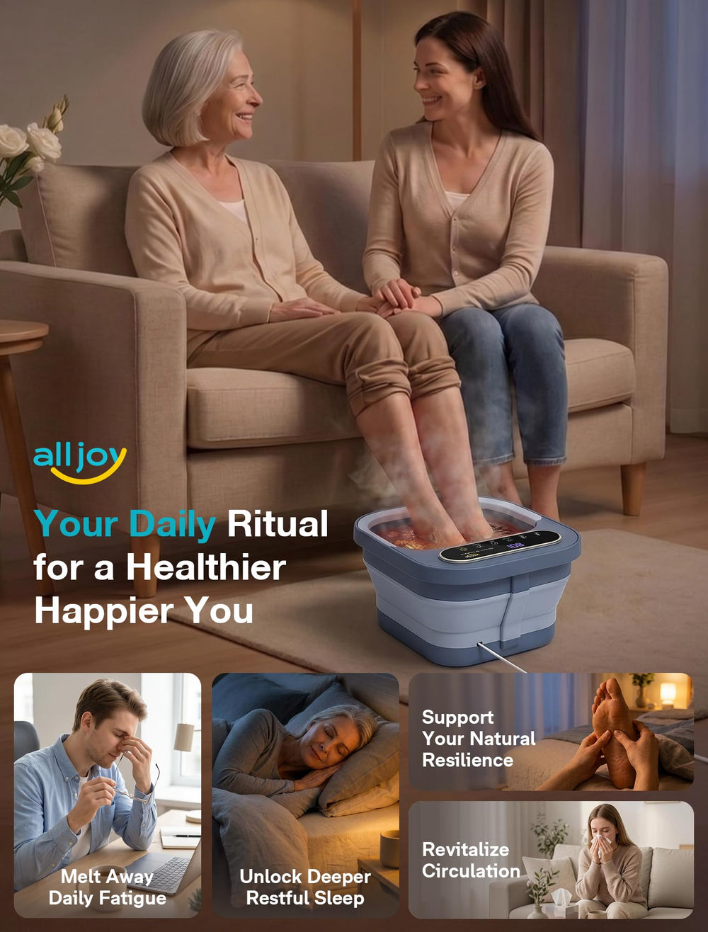 ALLJOY foot spa in a bathroom lifestyle setting showing convenience and home relaxation
