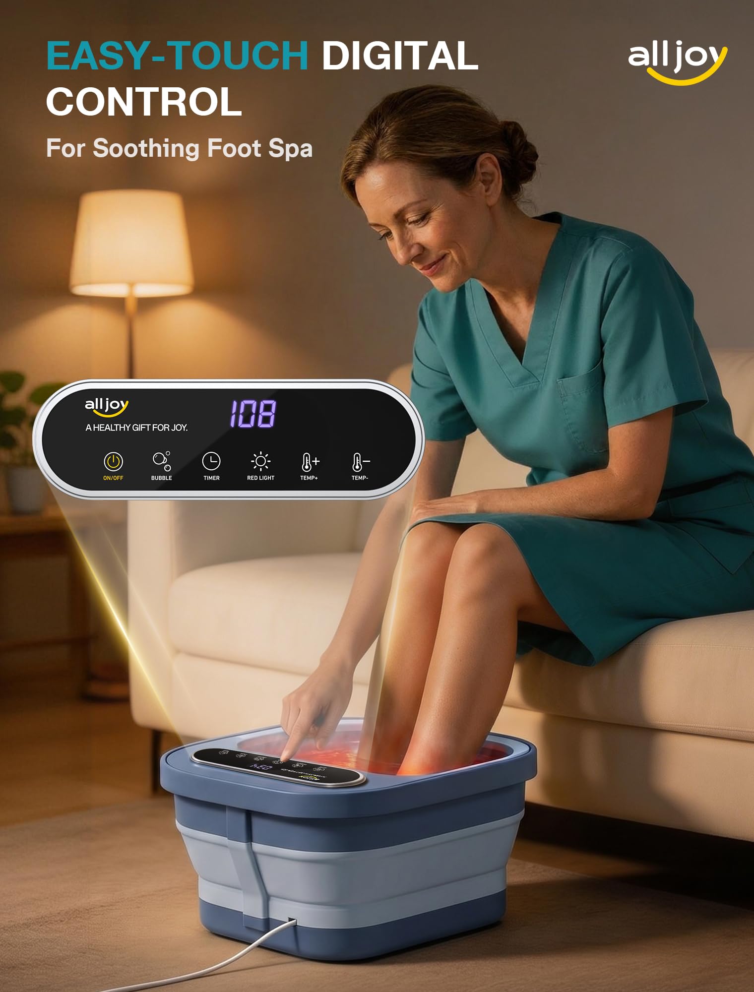ALLJOY smart touch screen showing real-time temperature for precise warm water control