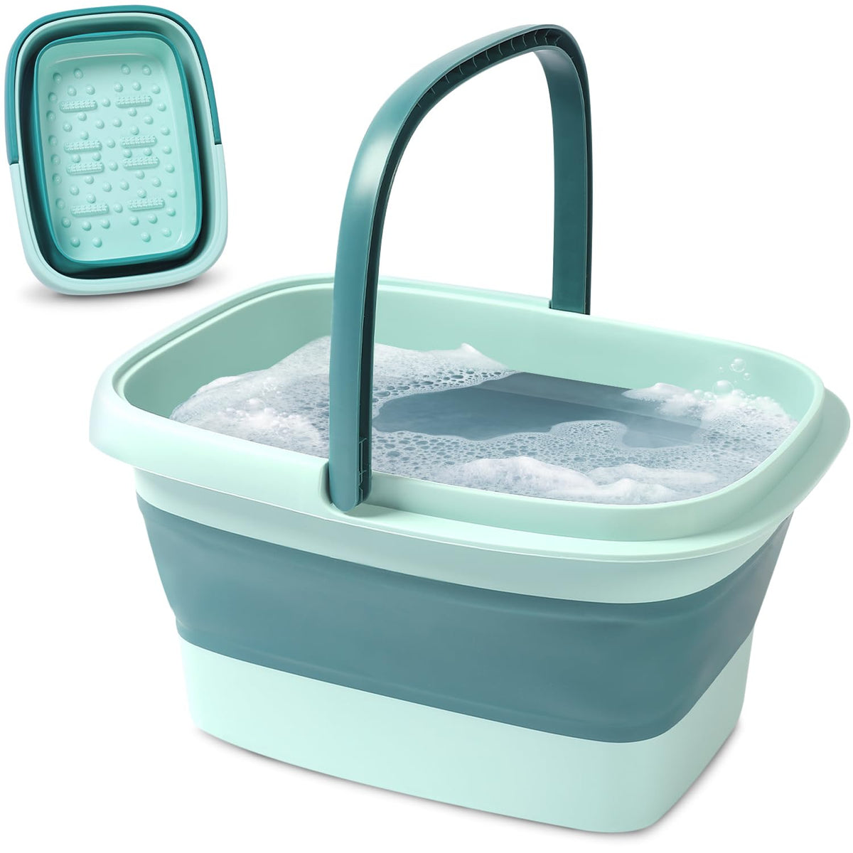 AllSett Health front view of collapsible foot bath showing basin and rollers for relaxation