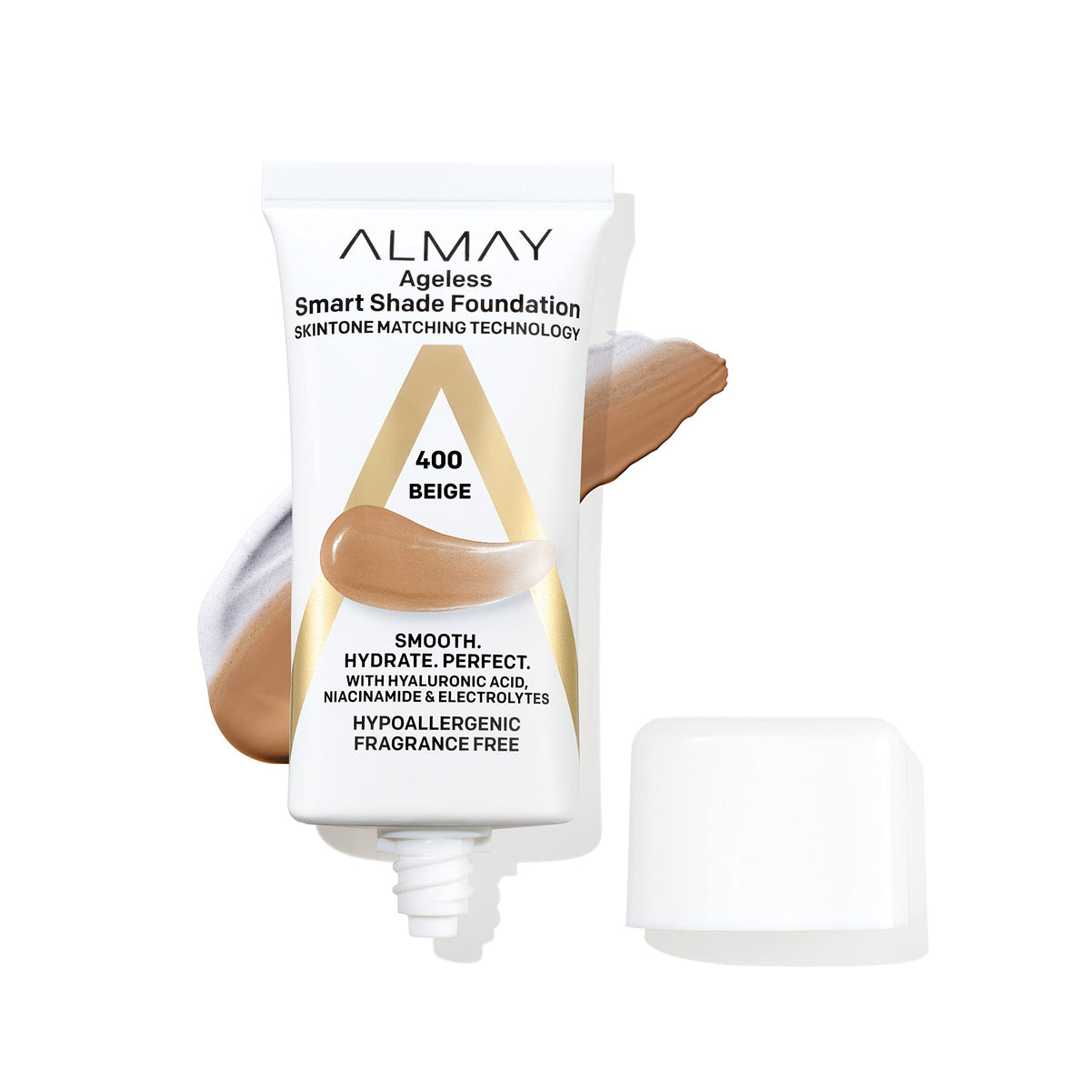 Almay front pump bottle showing 400 Beige and convenient dispensing