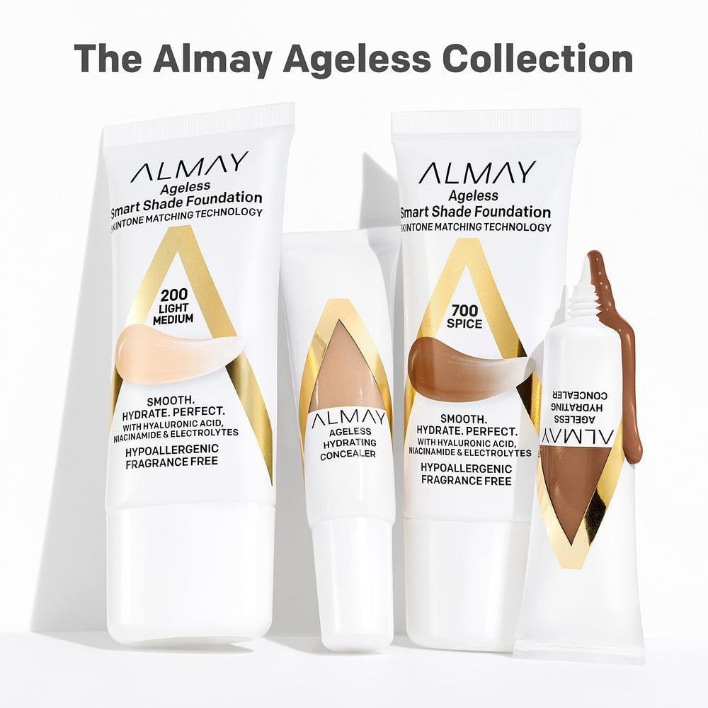 Almay foundation drop on skin showing transformation to personalized shade