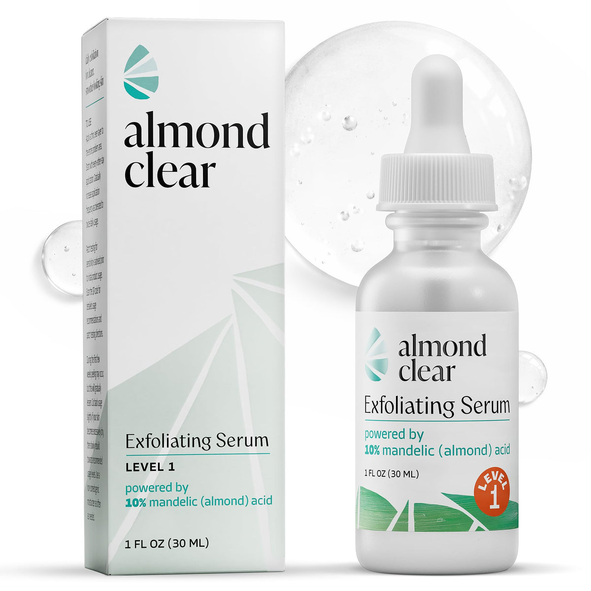 Almond Clear front bottle showing compact travel size and clear serum benefit