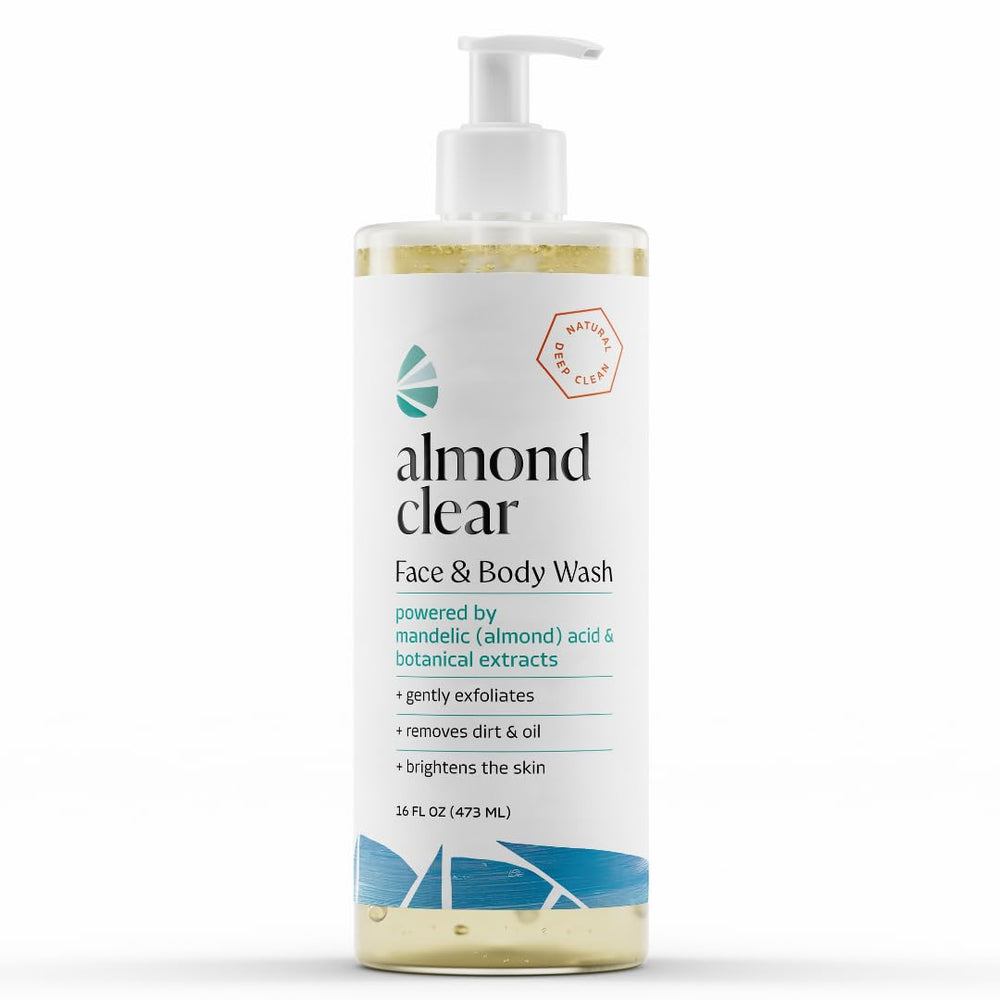 Almond Clear front packaging showing label and 16 oz size for clear skin