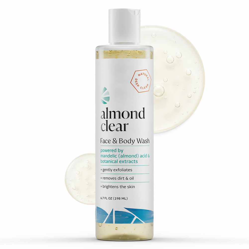 Almond Clear front packaging showing bottle and clear gel for easy identification and gentle exfoliation