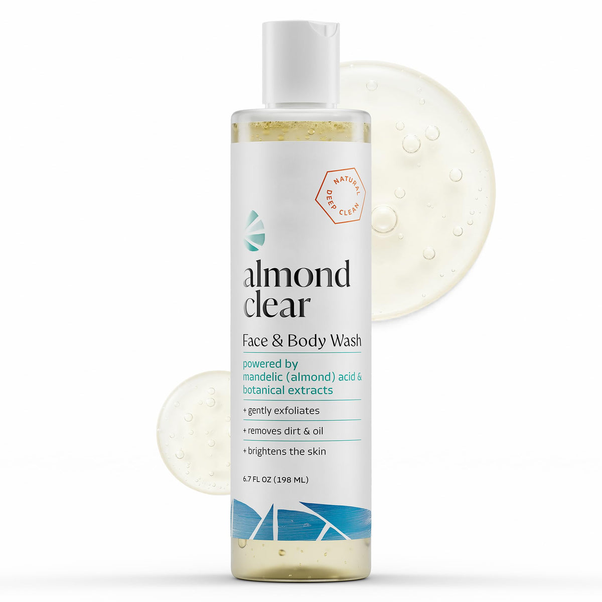 Almond Clear front packaging showing bottle and clear gel for easy identification and gentle exfoliation