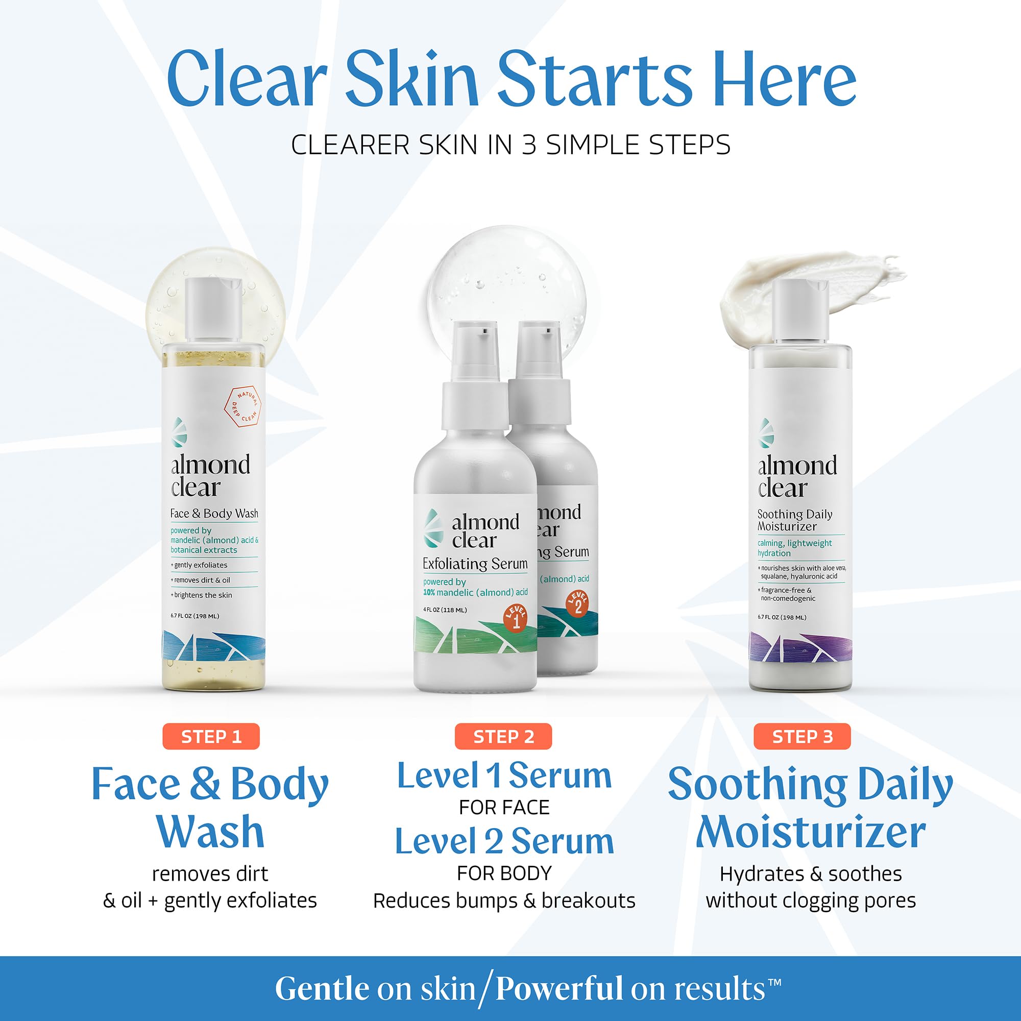 Almond Clear label and ingredients panel showing mandelic acid and botanicals for clarifying benefits