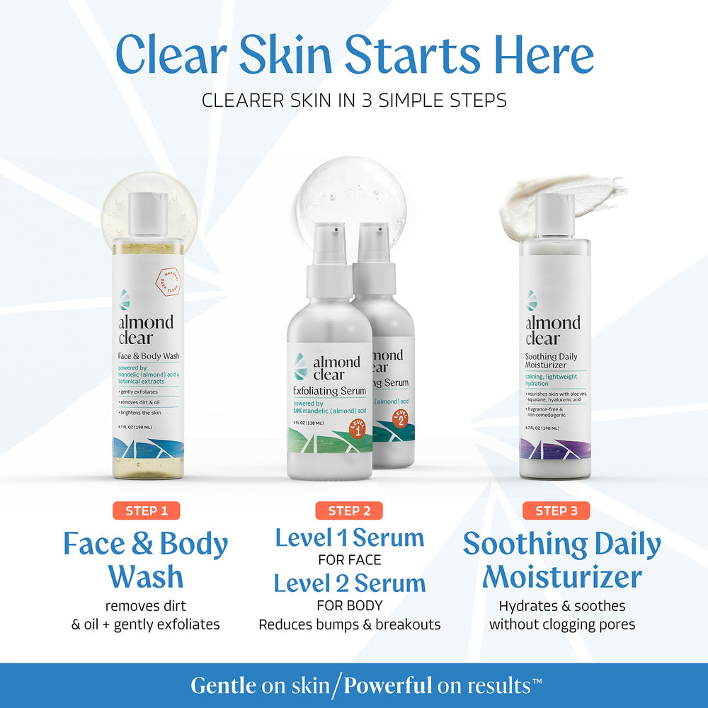Almond Clear label and ingredients panel showing mandelic acid and botanicals for clarifying benefits