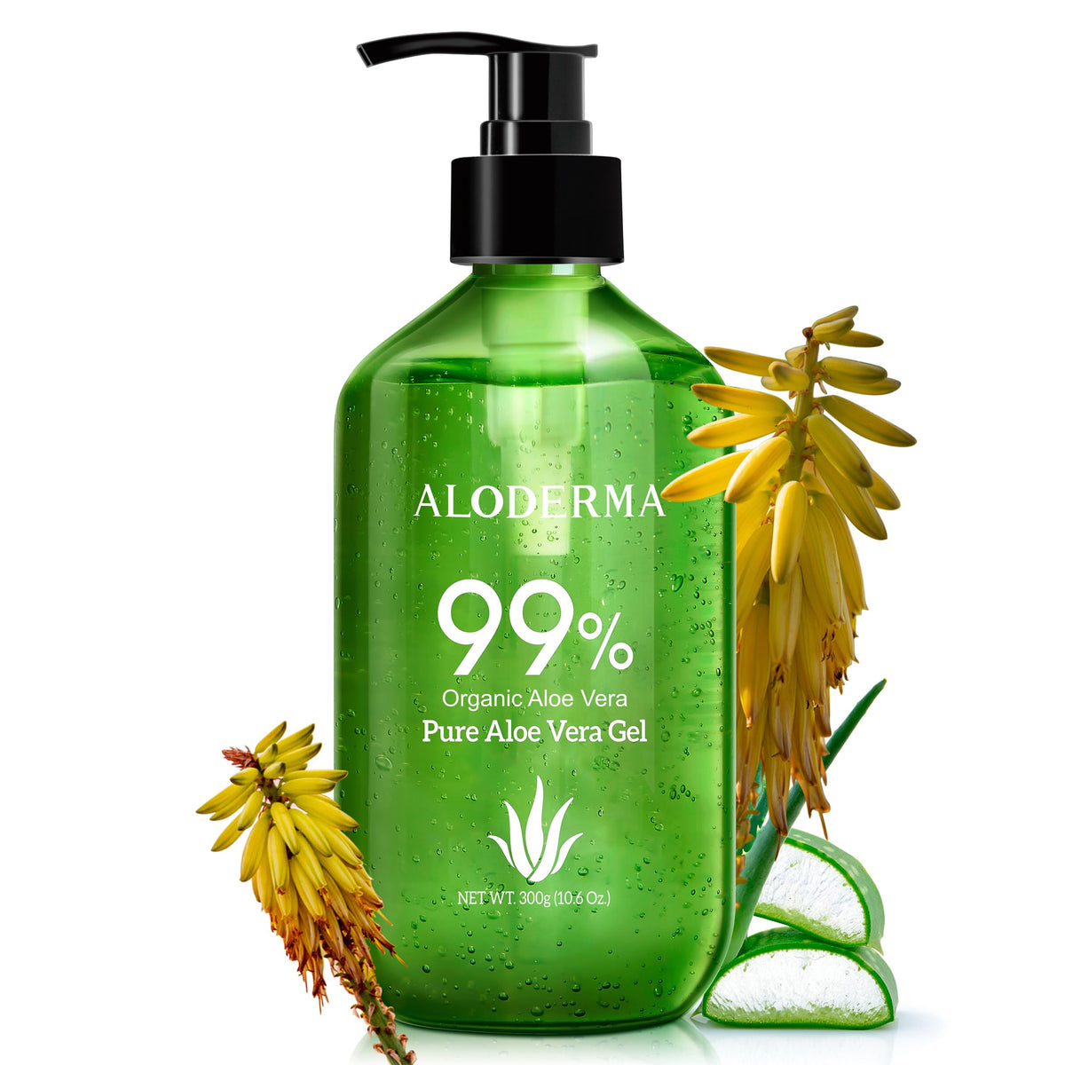 Aloderma pump bottle front view shows clean packaging and easy dispensing benefit