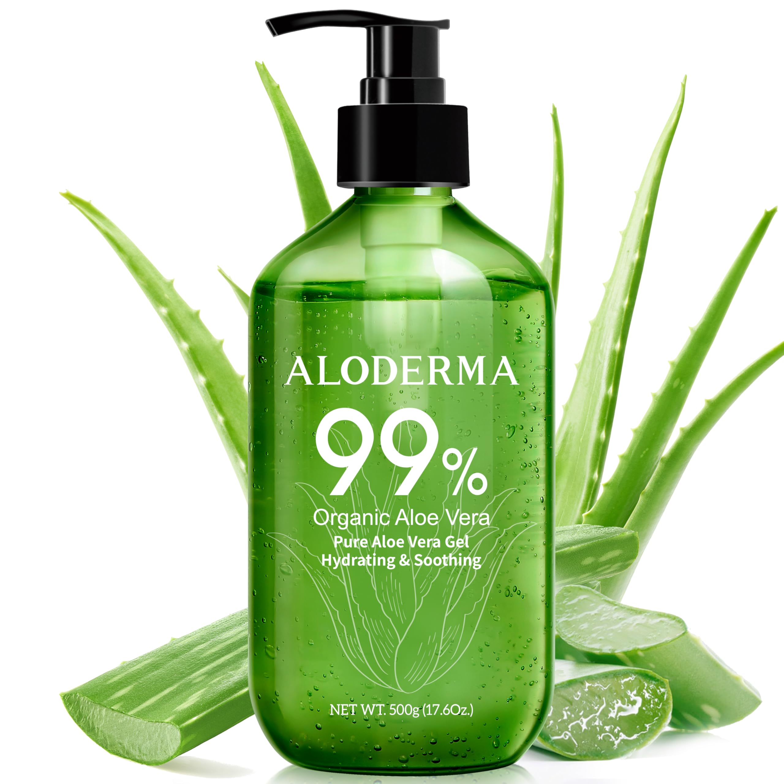 Aloderma front pump bottle showing clean packaging and benefit of easy dispensing