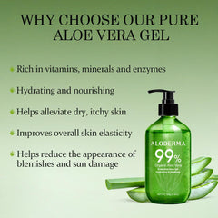 Aloderma pump action dispensing gel illustrating quick, mess-free application benefit