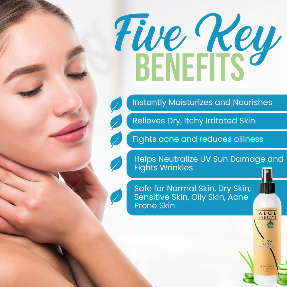 AloeHydrate ingredients label close-up showing aloe, NaPCA, niacinamide benefits