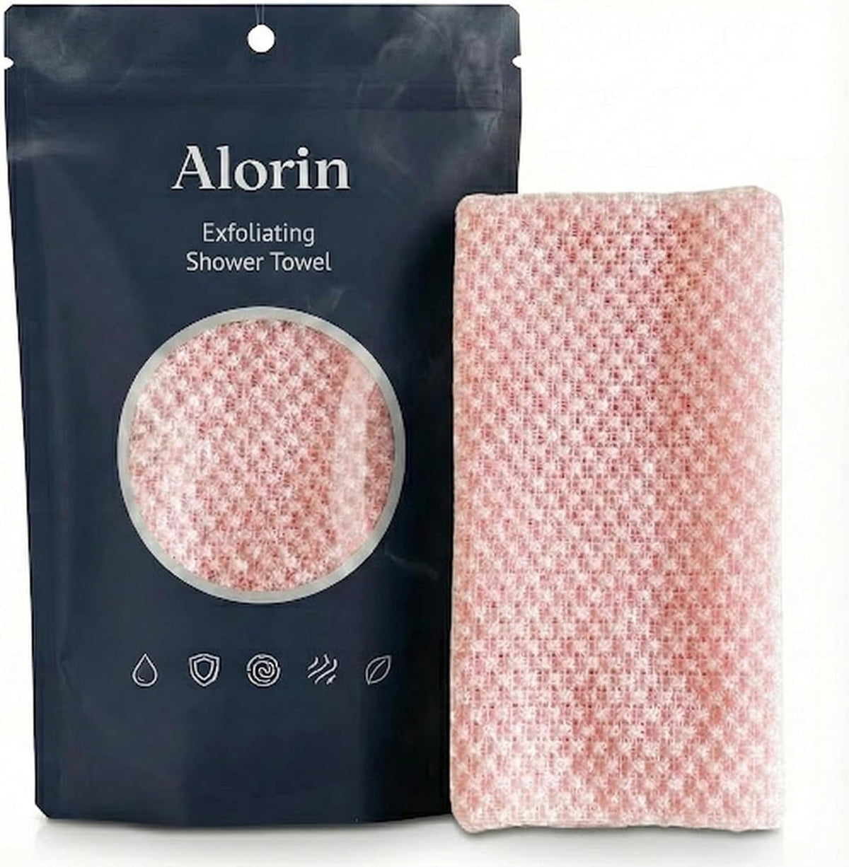 Alorin Towel front view showing pink packaging and smooth finish benefit