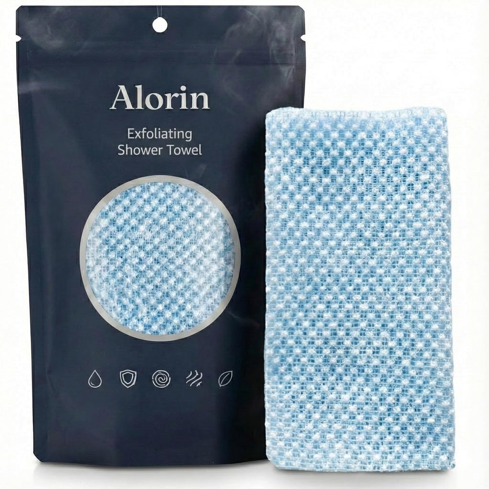 Alorin Towel front view showing full blue cloth and benefits