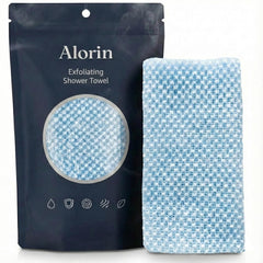 Alorin Towel front view showing full blue cloth and benefits