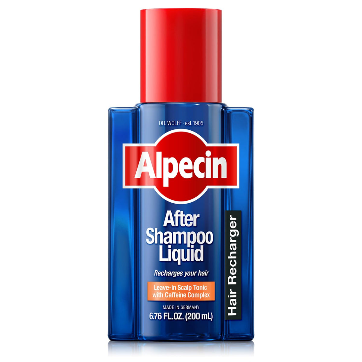 Alpecin bottle front view showing product and benefit for thicker-looking hair