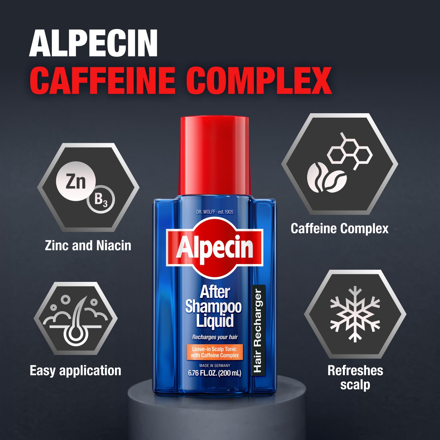 Application of Alpecin on a fingertip massaging scalp to boost local scalp condition