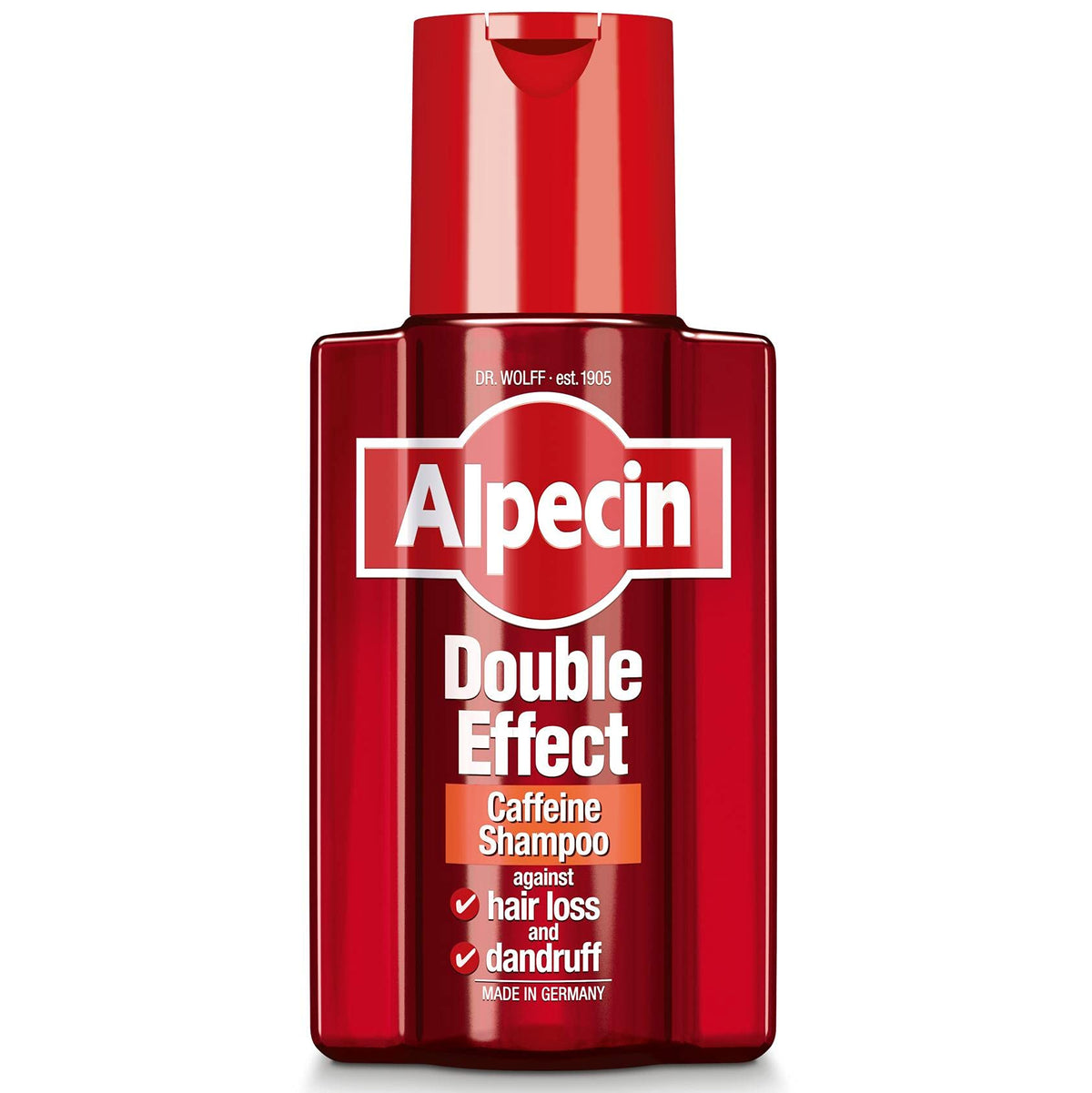 Alpecin bottle front view showing label and 200ml size, brand clarity benefit