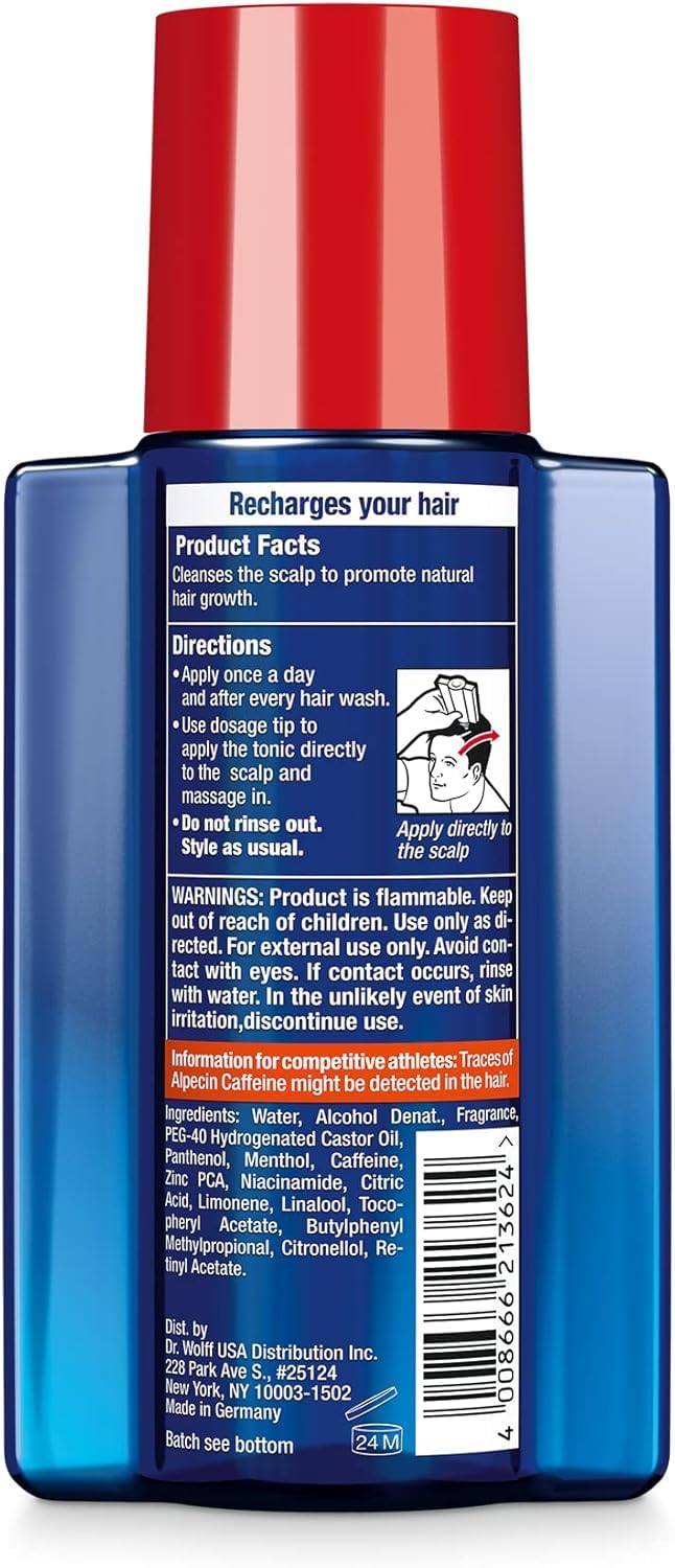 Alpecin bottle staged on bathroom shelf showing daily use and grooming integration