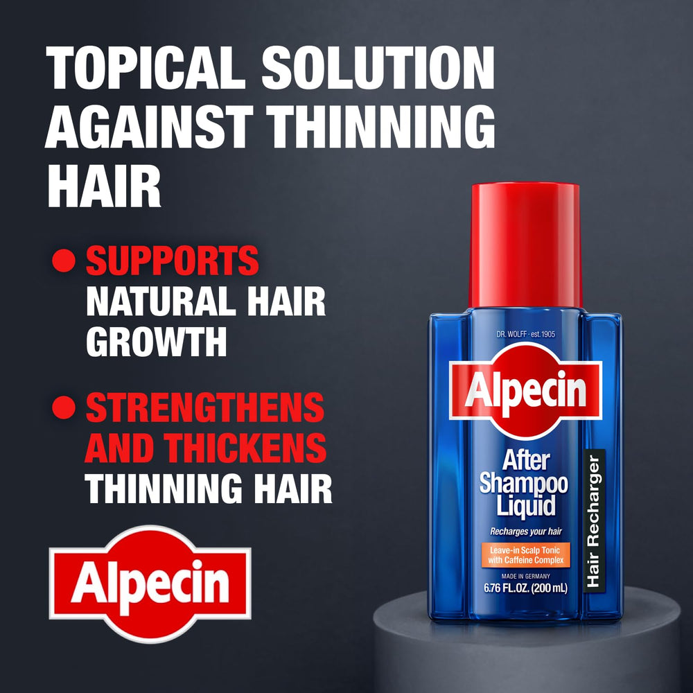 Close-up of Alpecin liquid pouring to show lightweight texture and easy application