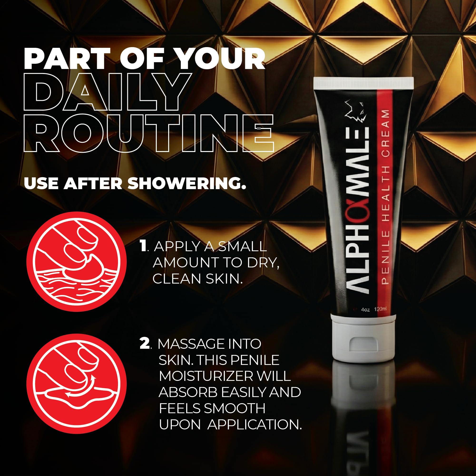AlphaMale open tube detail showing creme dispensing for precise, no-waste application
