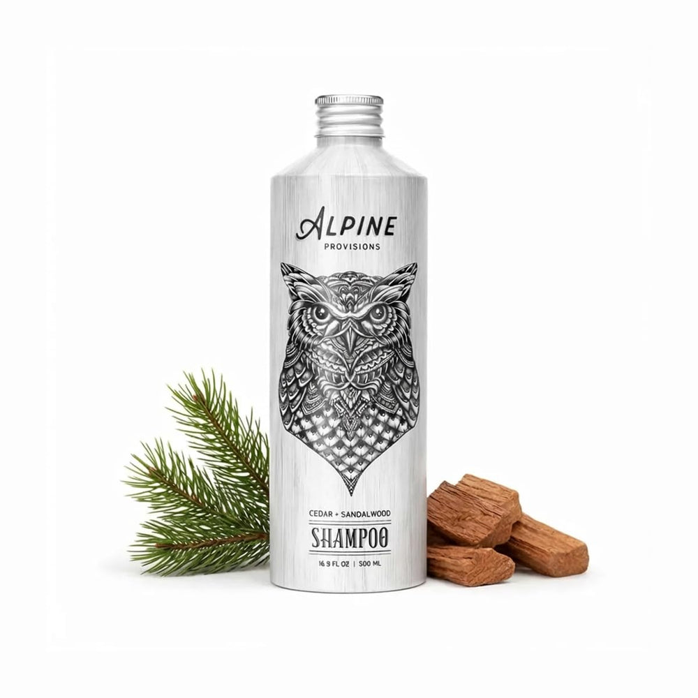 Alpine Provisions front bottle view showing cedar sandalwood and natural formula benefits