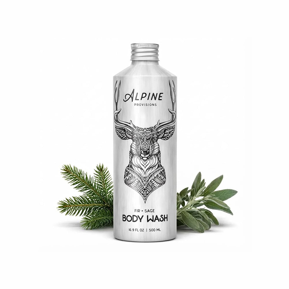 Alpine Provisions front bottle showing fir and sage scent and natural benefits