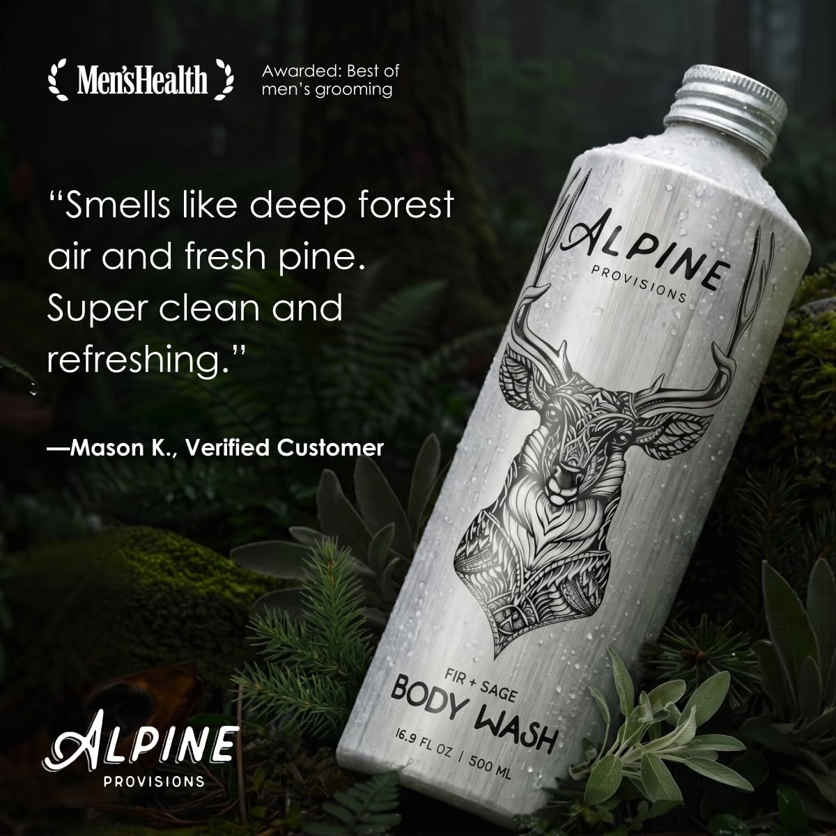 Alpine Provisions label close-up highlighting botanical ingredients and clean formula