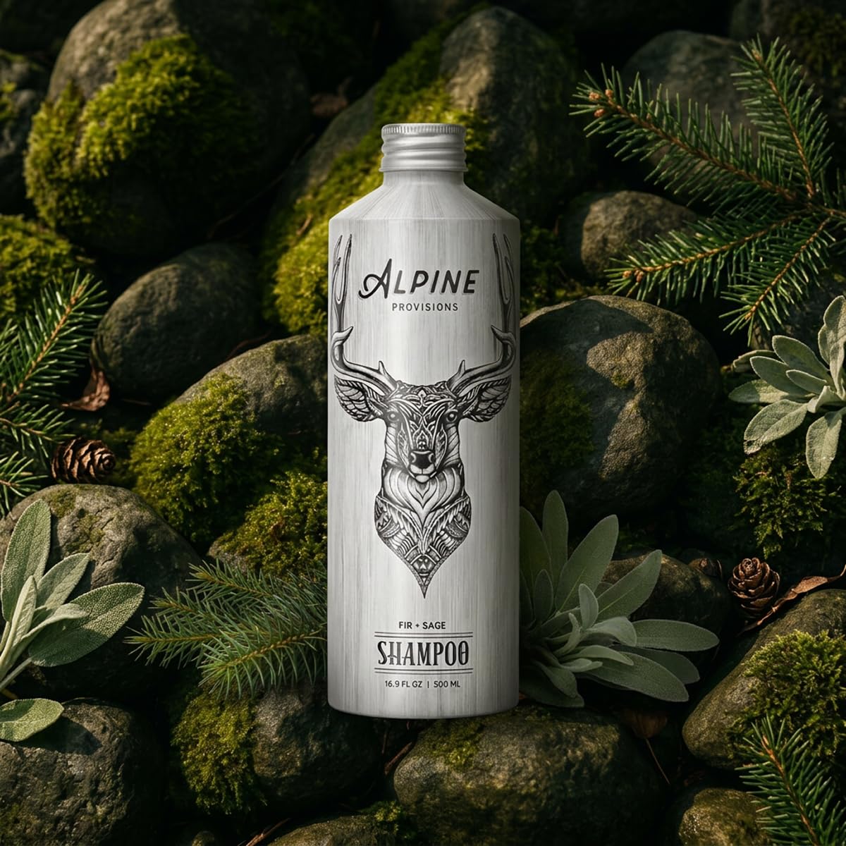 Alpine Provisions bottle on bathroom shelf conveying lifestyle appeal
