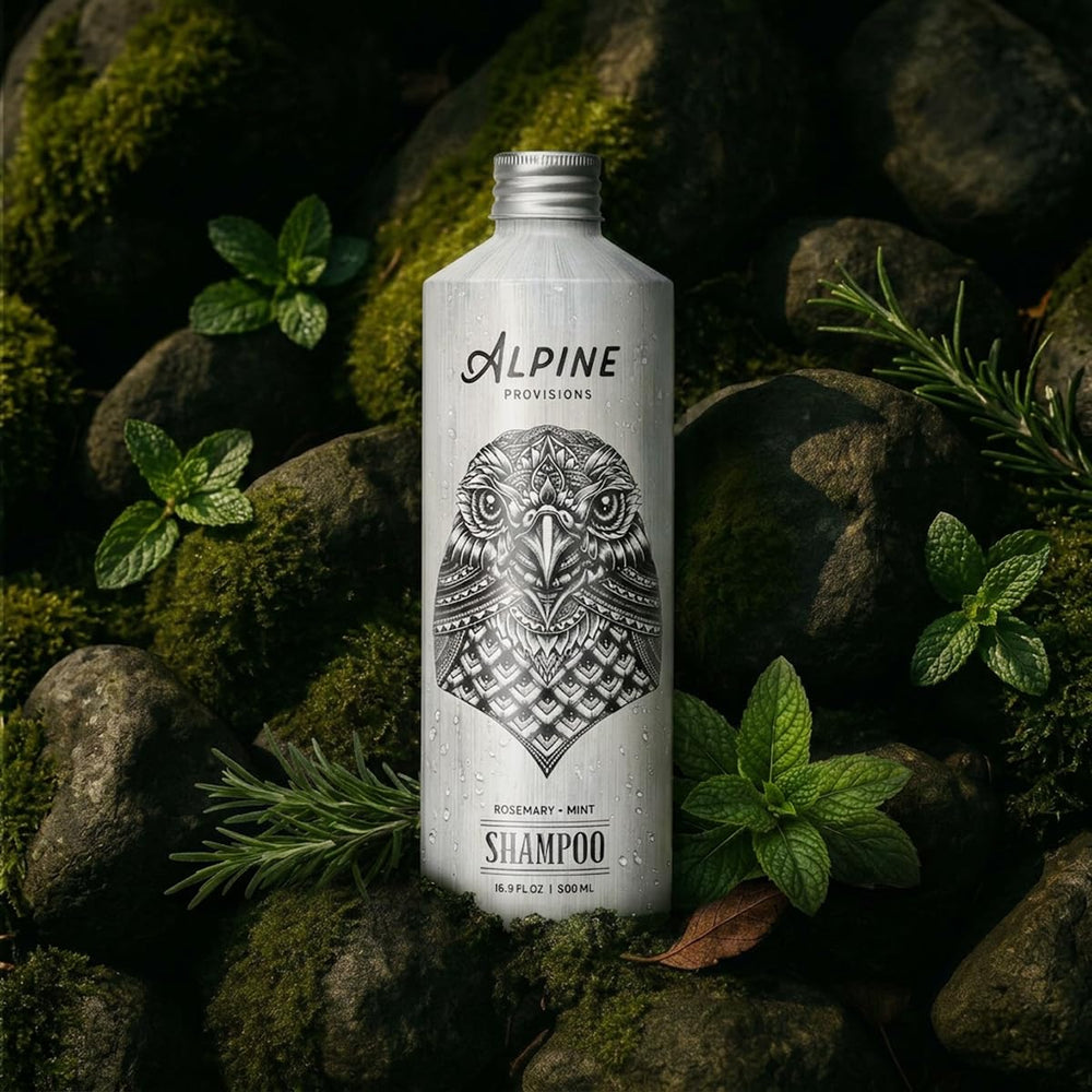 Alpine Provisions bottle next to hand for scale showing compact, travel-friendly benefit