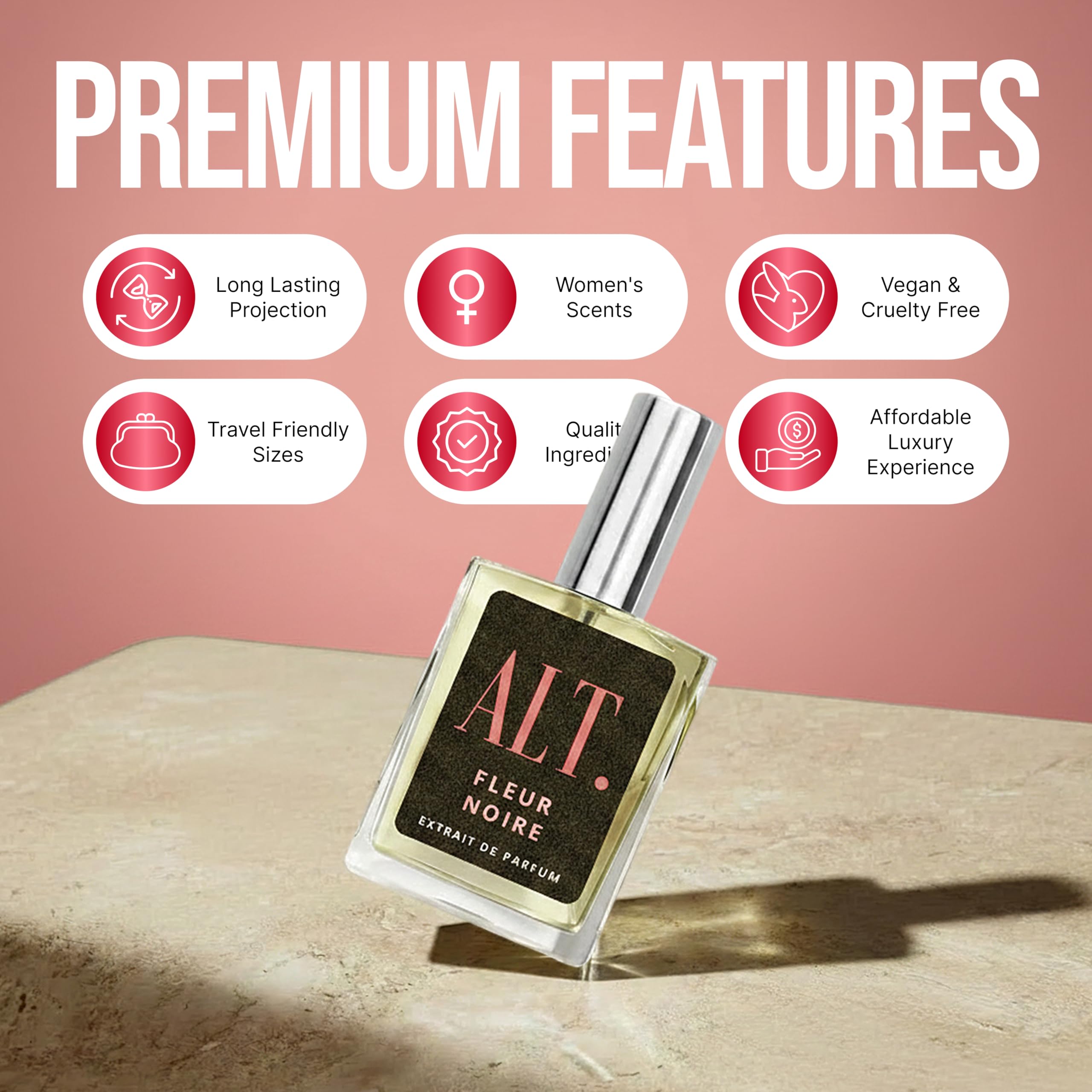 ALT. FRAGRANCES fleur noire scale image with 60ml bottle beside everyday items for size context