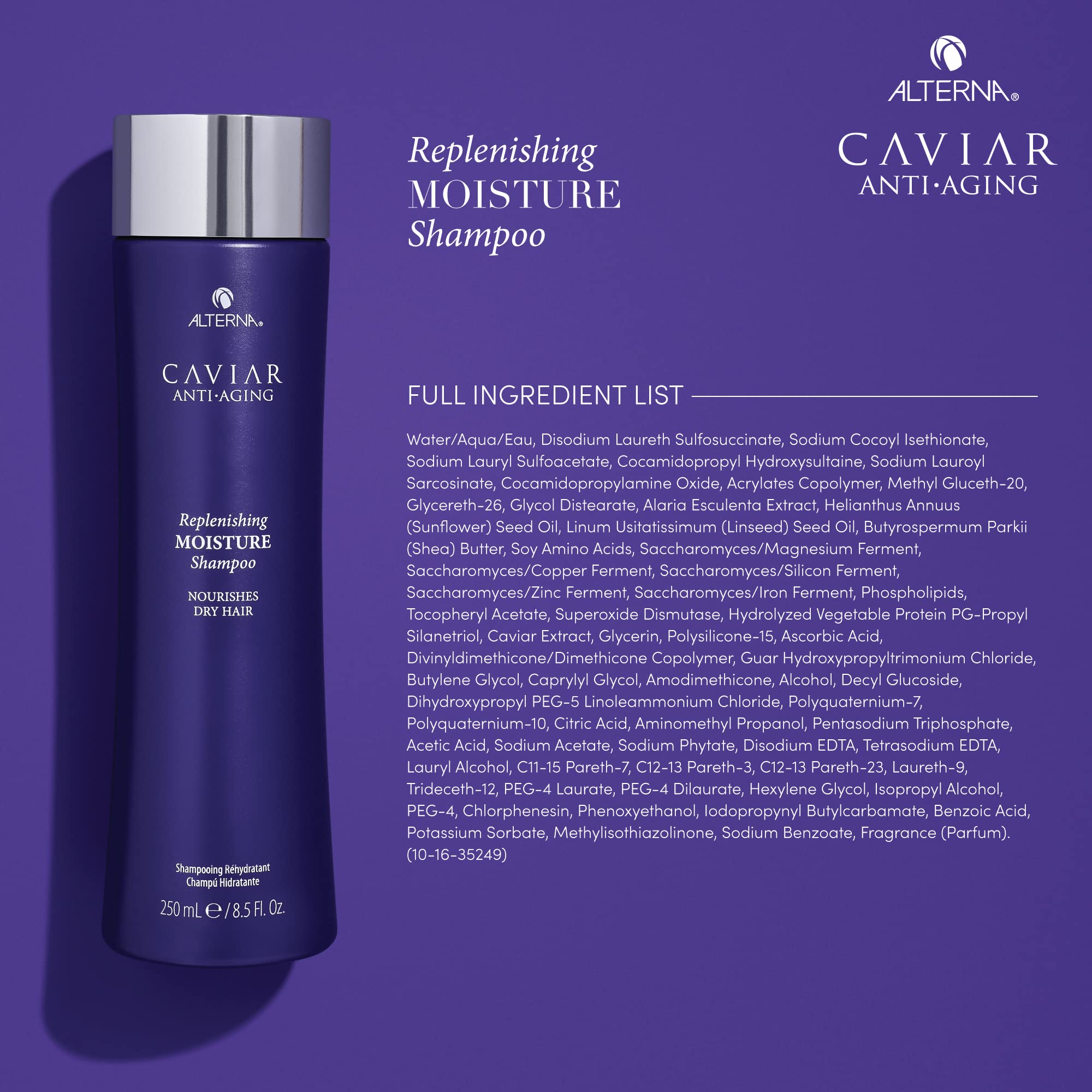 Alterna caviar bottle back label with ingredients and usage details for informed selection benefit