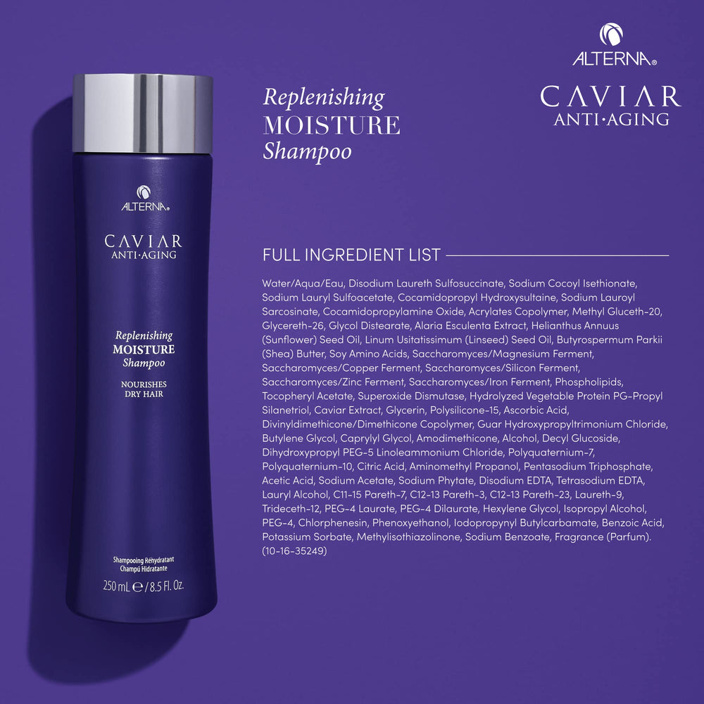 Alterna caviar bottle back label with ingredients and usage details for informed selection benefit