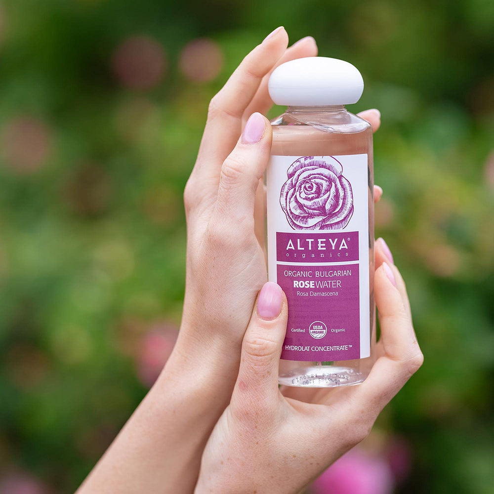 Organic rose fields in Bulgarian Rose Valley where Alteya sources petals