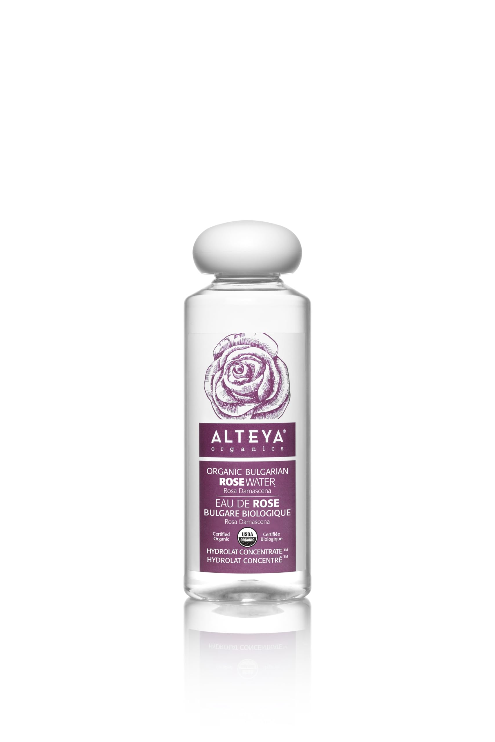 Alteya front bottle shot showing organic rose water and packaging benefits