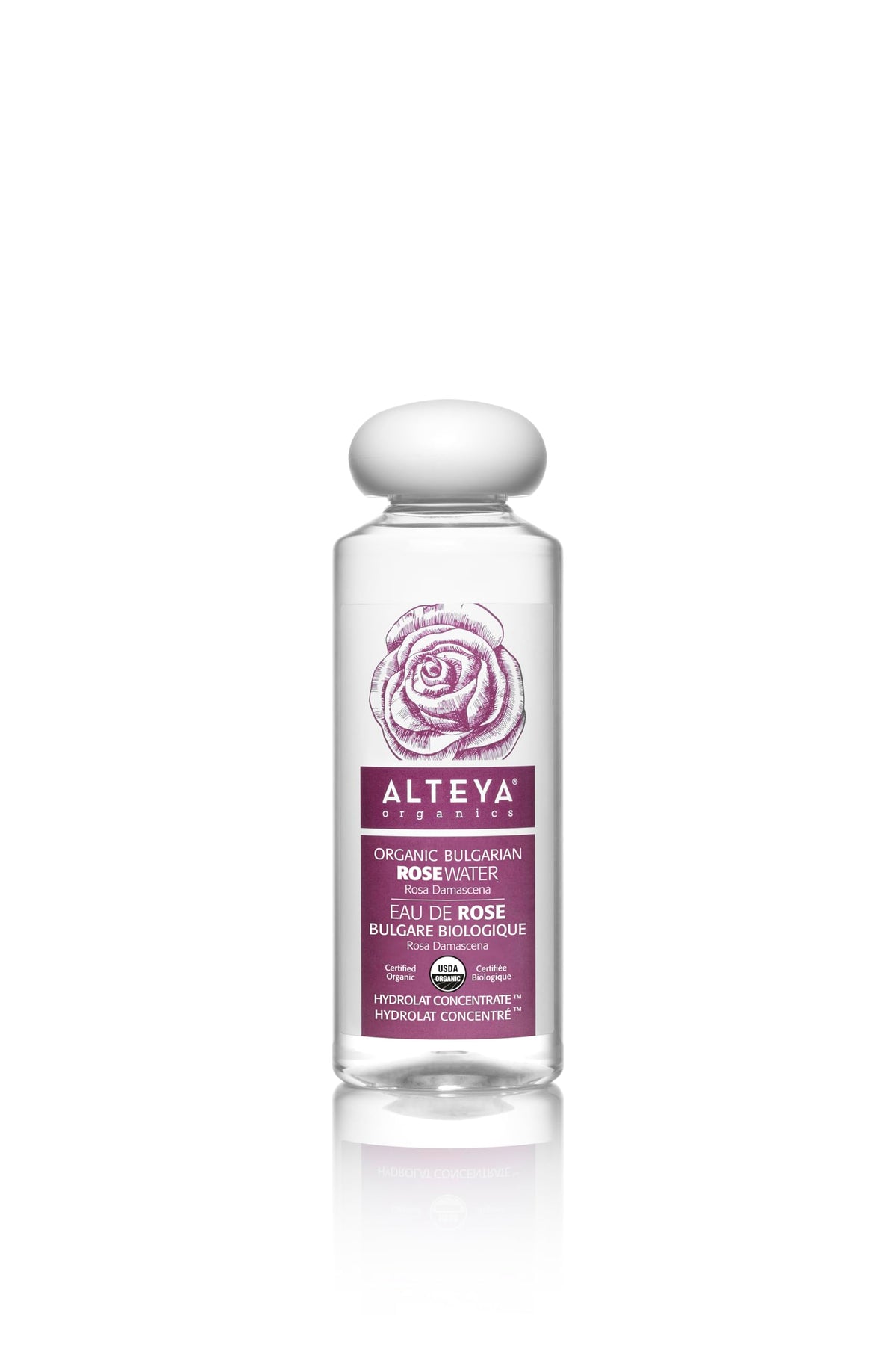 Alteya front bottle shot showing organic rose water and packaging benefits