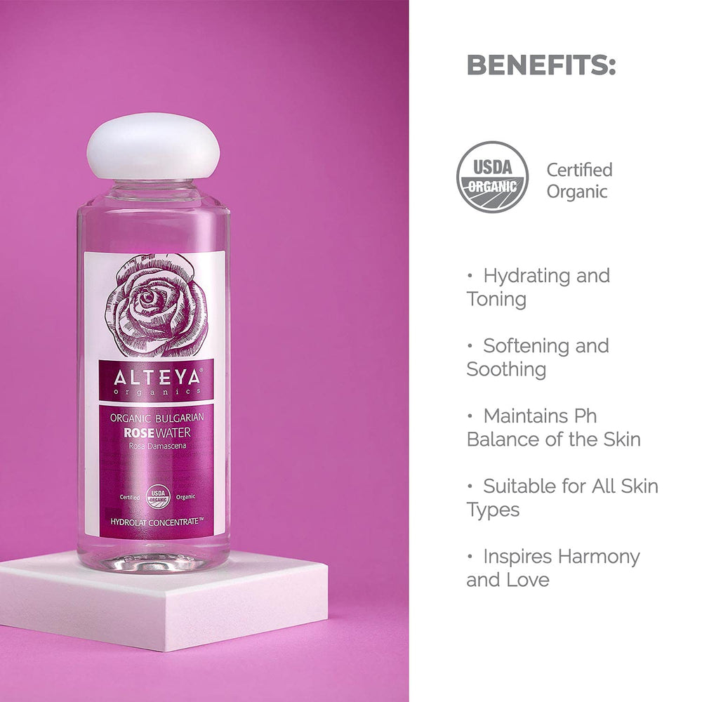 Model misting hair with Alteya rose water to refresh curls and reduce frizz
