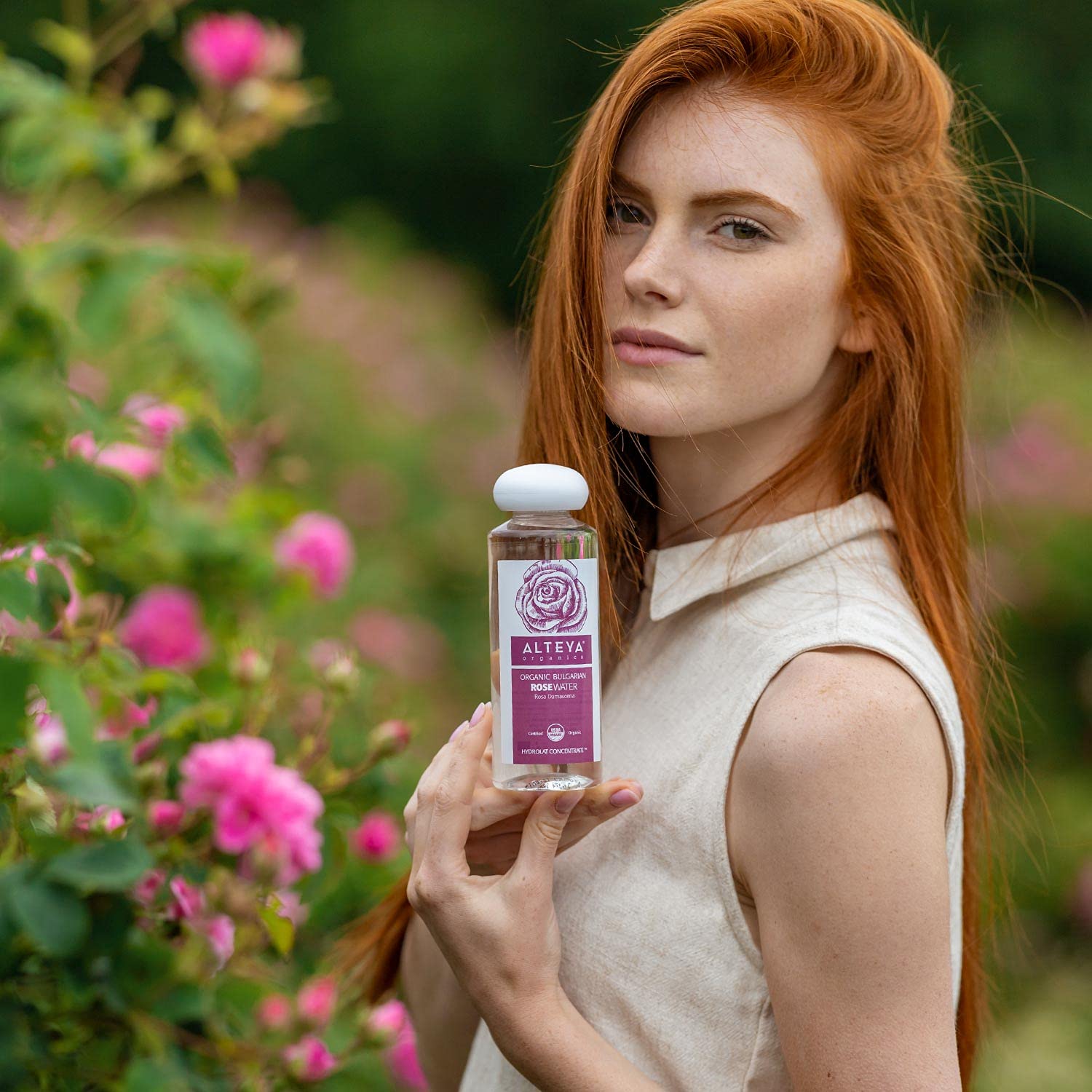 Alteya bottle staged on bathroom vanity conveying daily skincare use