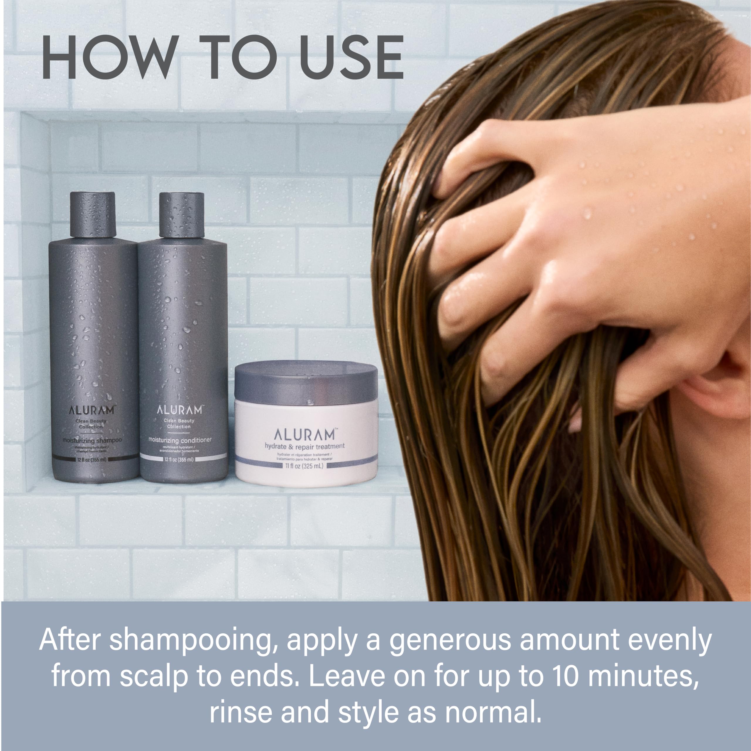 ALURAM being applied to damp hair showing easy distribution and detangling benefit
