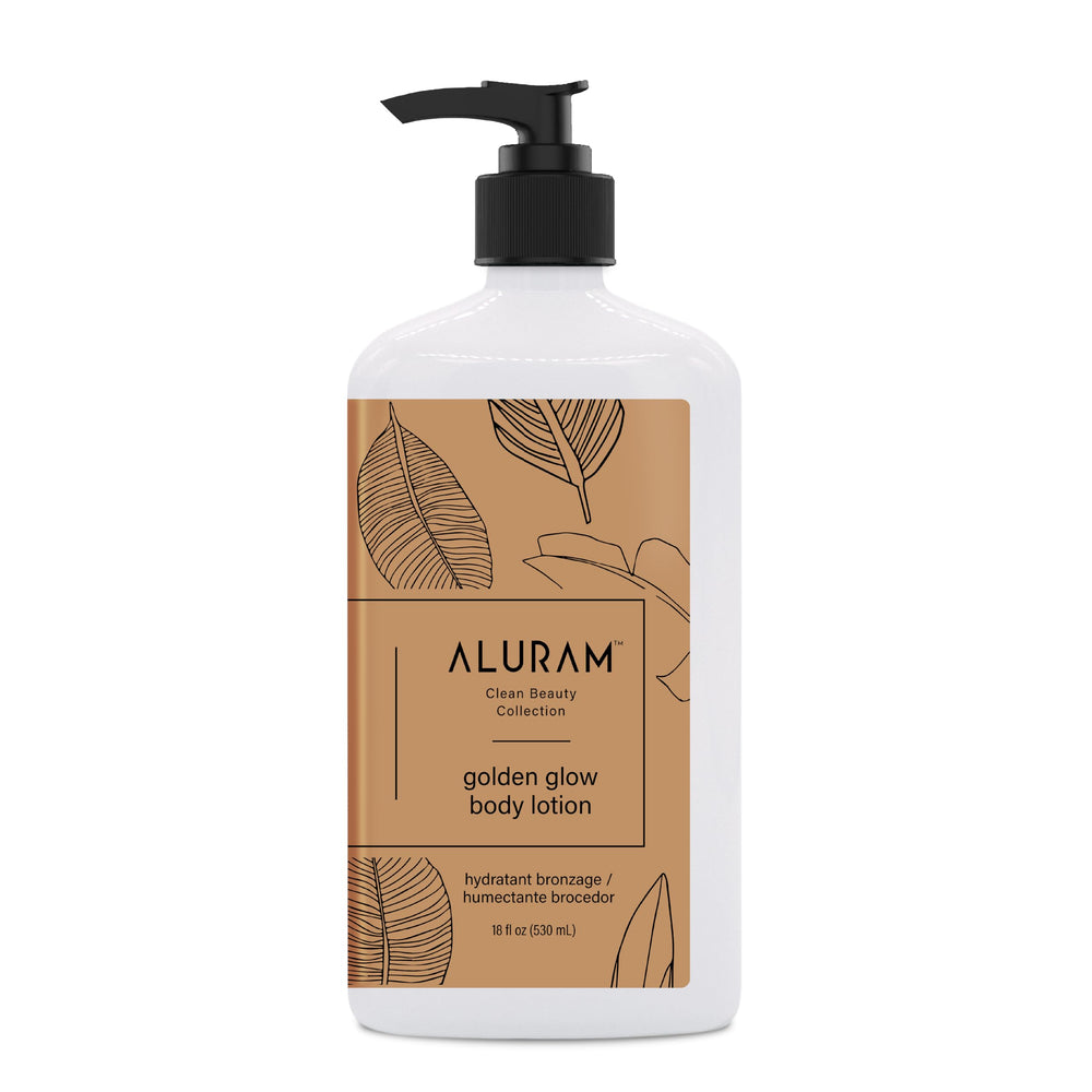ALURAM bottle front view displaying product label and volume, highlights lightweight glow