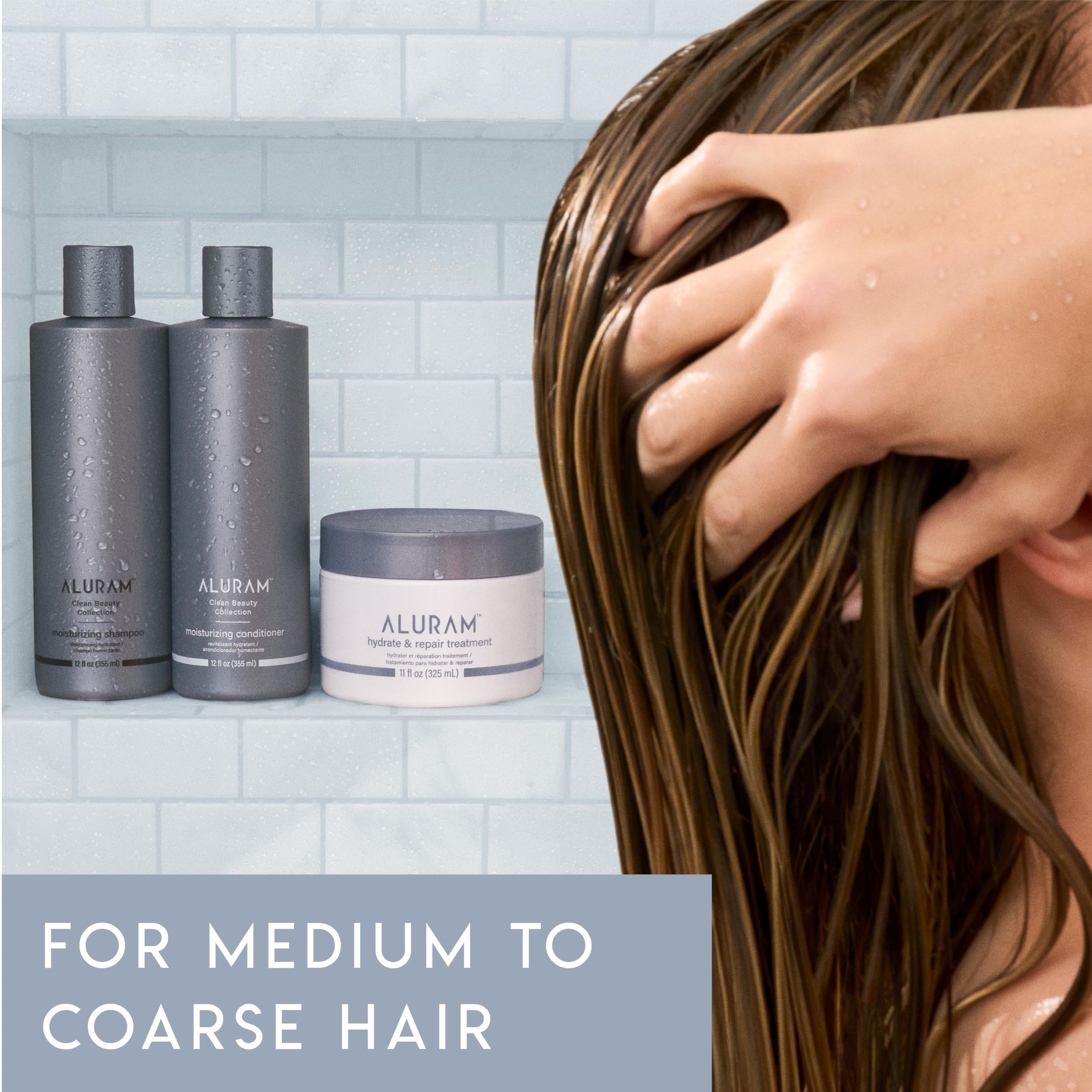 ALURAM shampoo being poured into hand for easy application