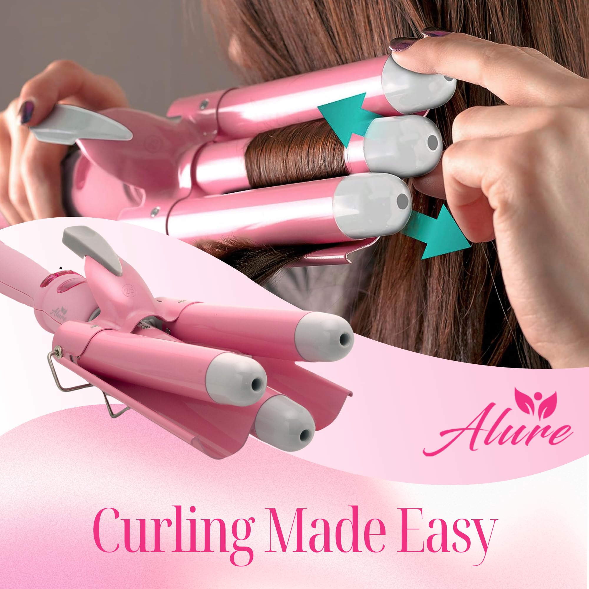 Alure wand in use creating waves on long hair for quick styling results