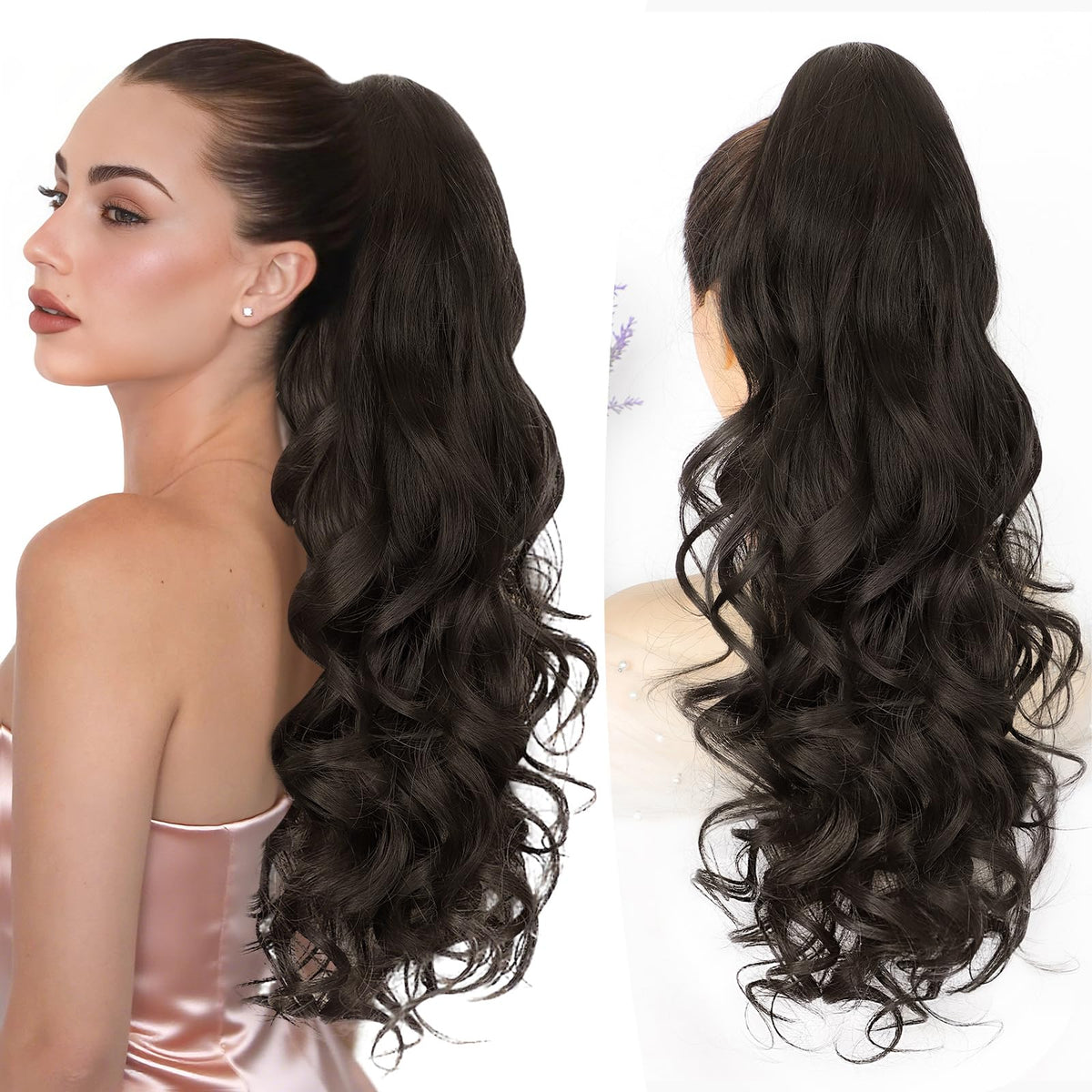 ALXNAN front view of 24 inch ponytail extension showing full curls and instant volume