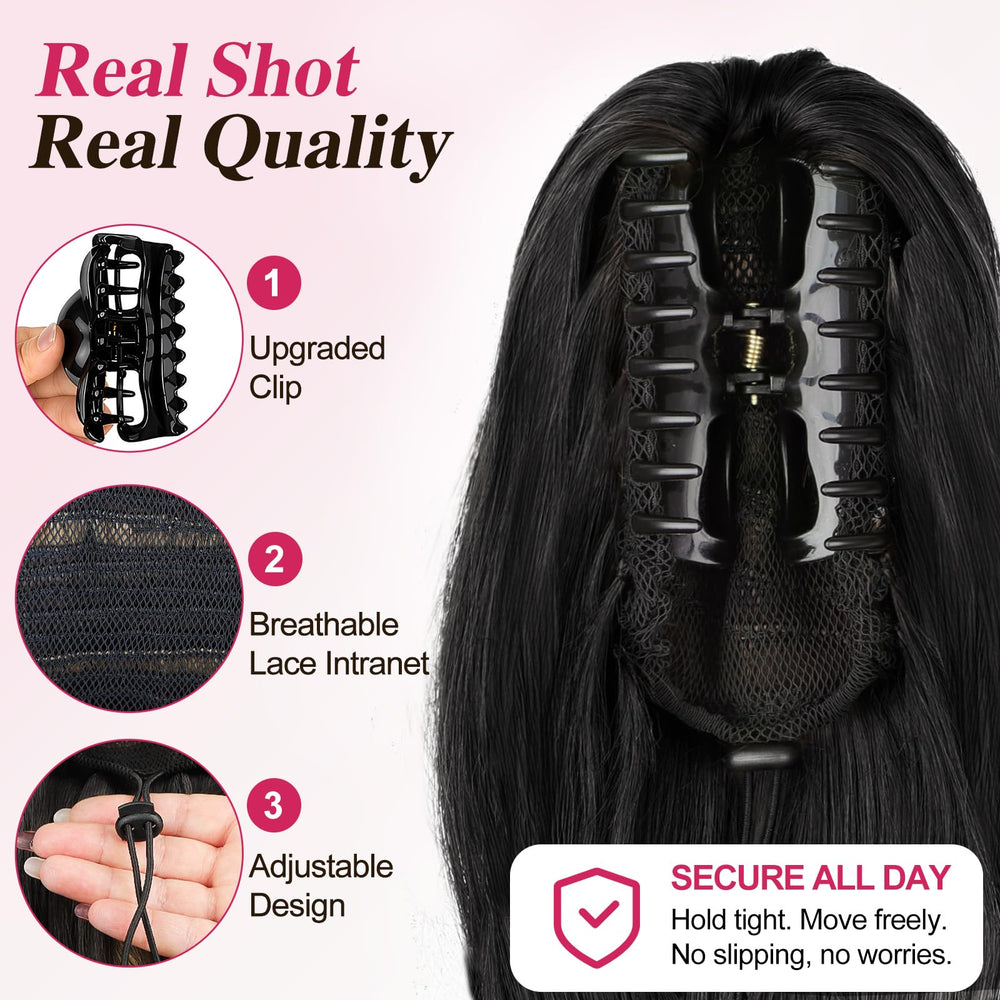 ALXNAN on model head demonstrating black ponytail in use for event-ready style