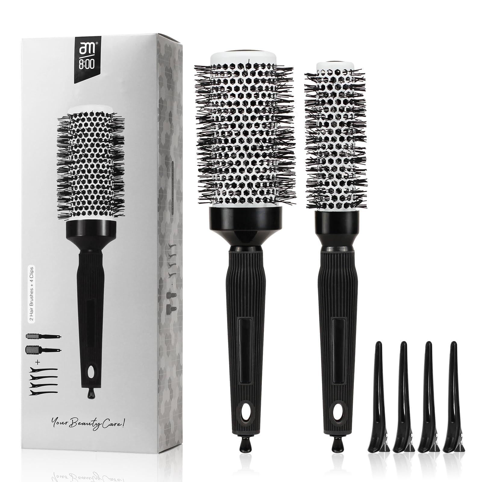 AM 8:00 front view of round brush showing barrel and bristles for smooth styling