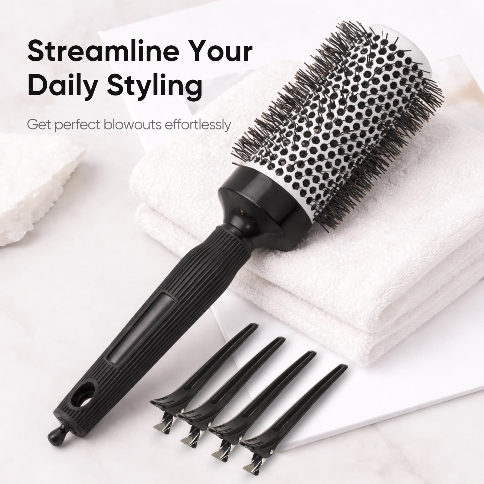 AM 8:00 on a bathroom vanity in a lifestyle scene for everyday styling readiness