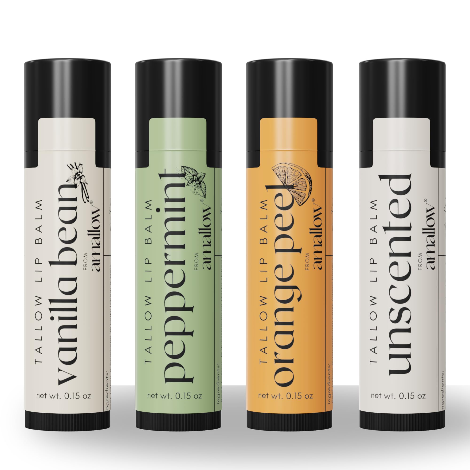 Amallow front packaging showing four tallow lip balm sticks and benefits