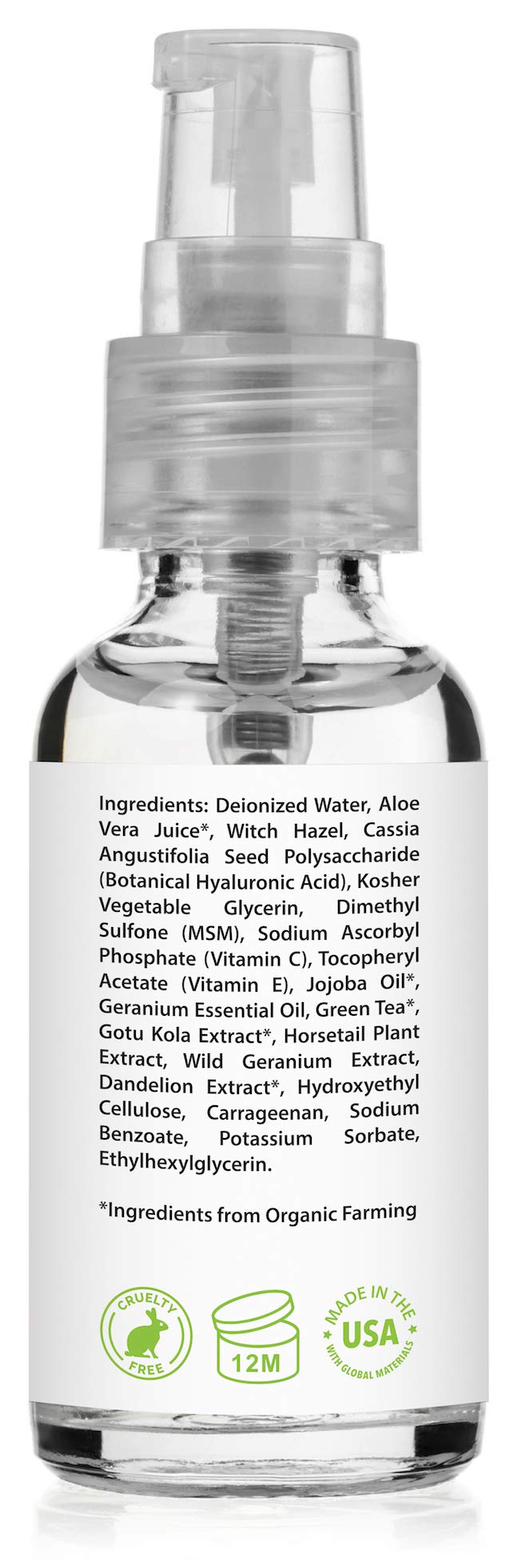 Amara Beauty bottle next to natural ingredient visuals emphasizing plant-derived hyaluronic acid