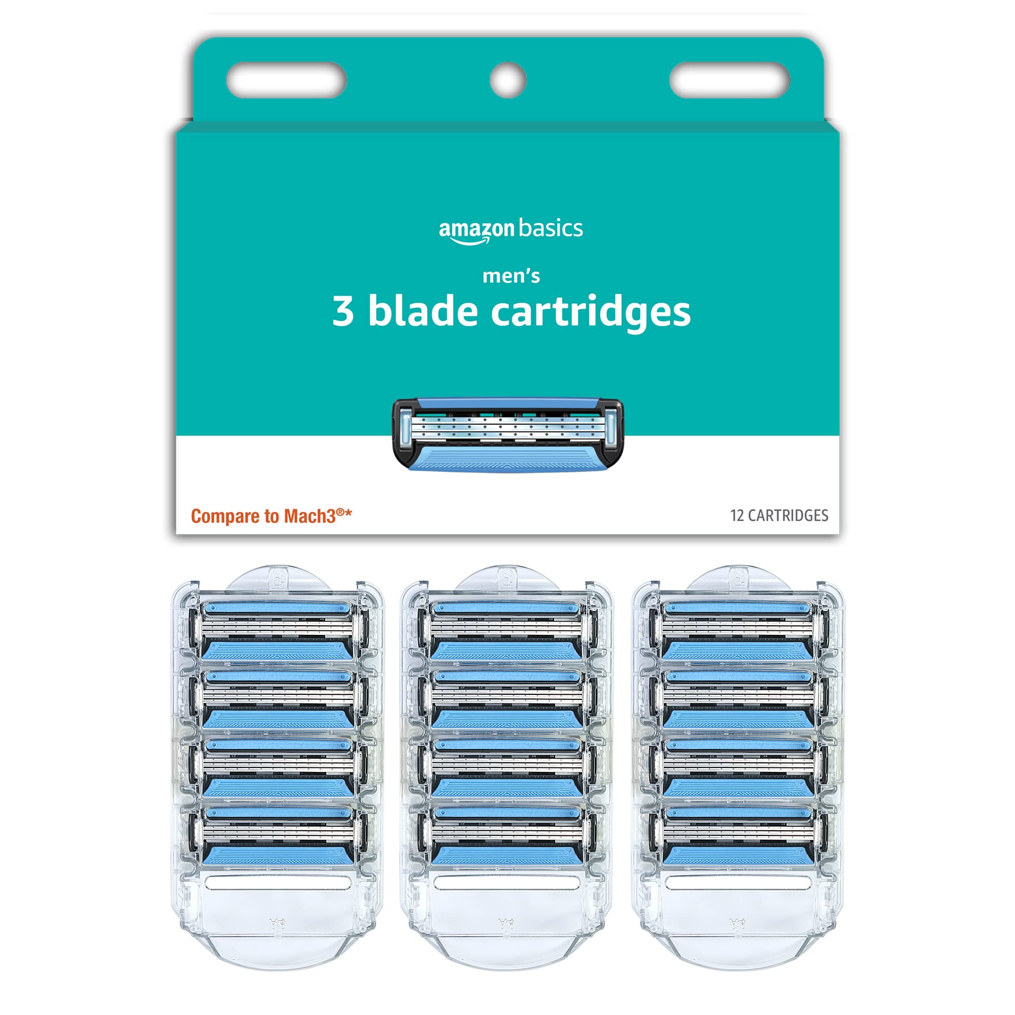 Amazon Basics front packaging showing 12 refill cartridges and clear labeling for convenience