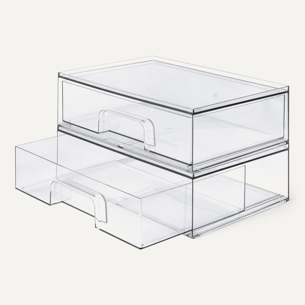 Amazon Basics drawer next to ruler showing 12.1x7.6x3.5 inch dimensions