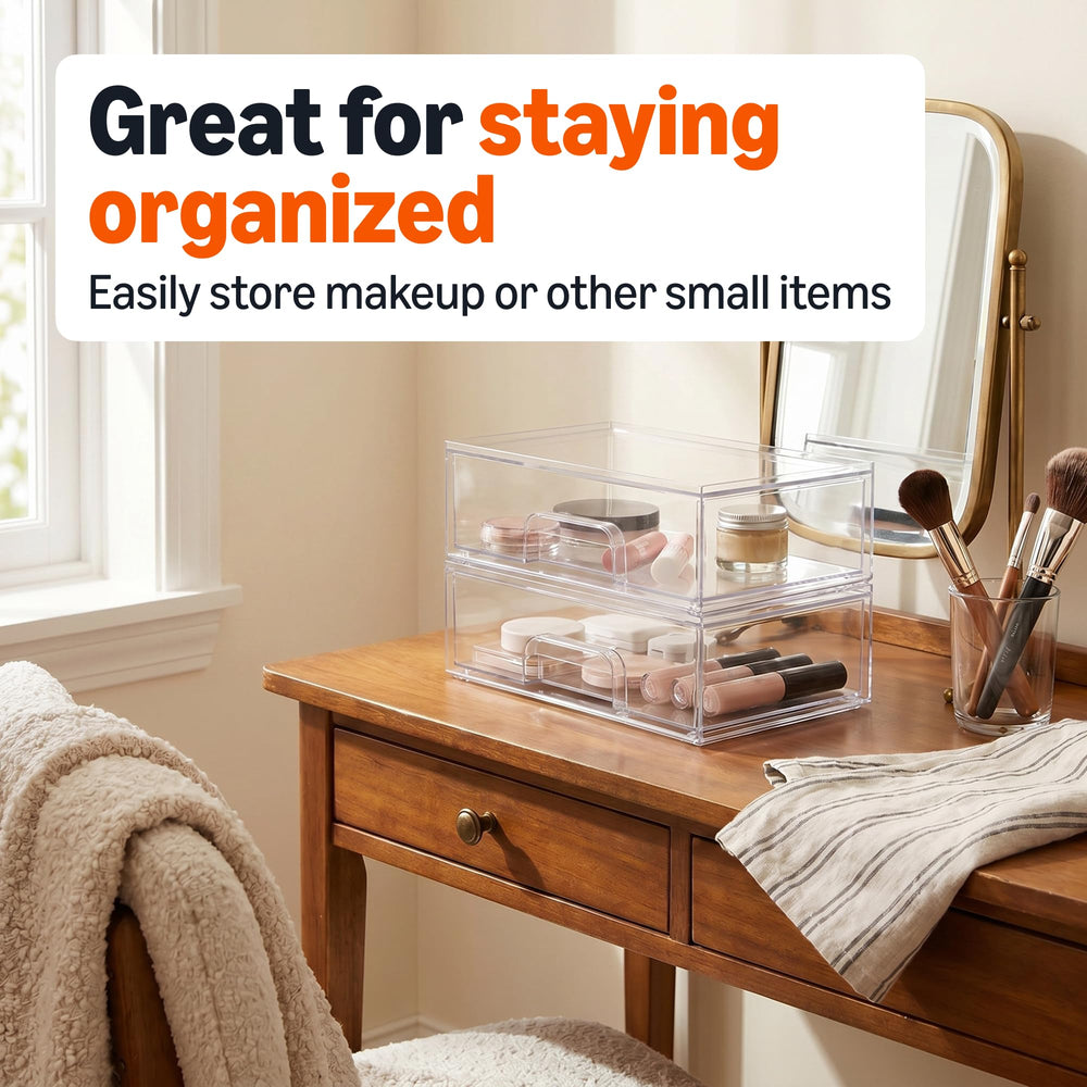 Amazon Basics stacked units on vanity saving counter space and organizing makeup